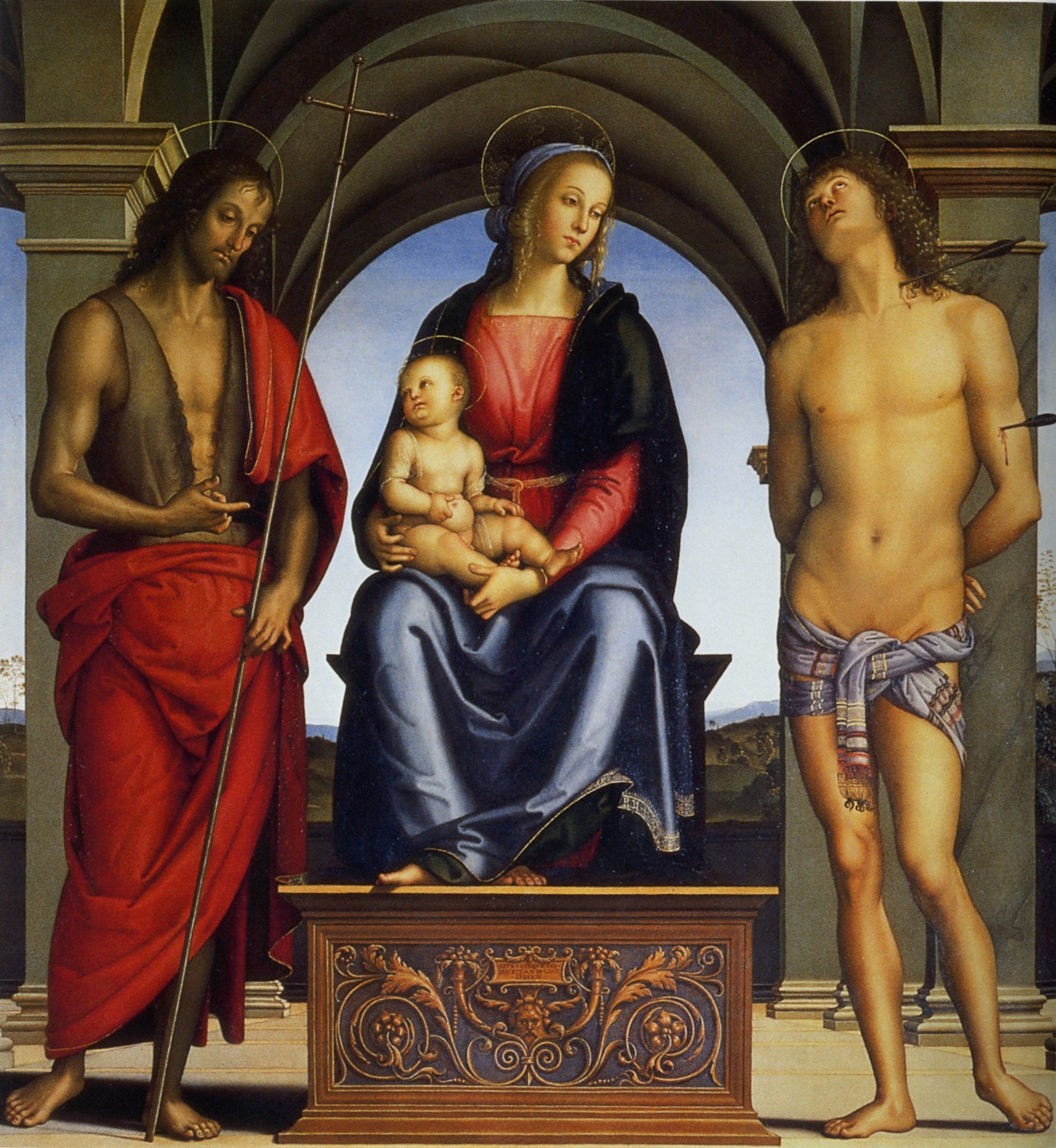 Madonna and Child Enthroned with Saints John the Baptist and Sebastian painting by Perugino